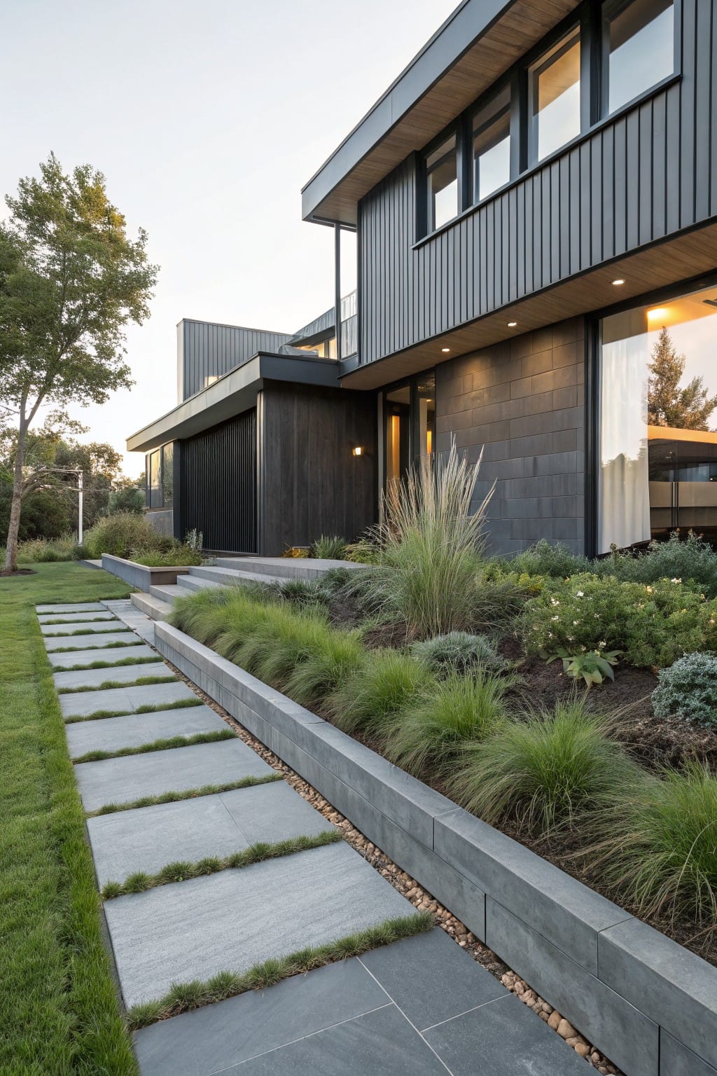 Modern house exterior featuring dark wood cladding and brick walls, with a concrete stepping stone pathway in grass bordered by a raised concrete wall planted with grasses and low shrubs.