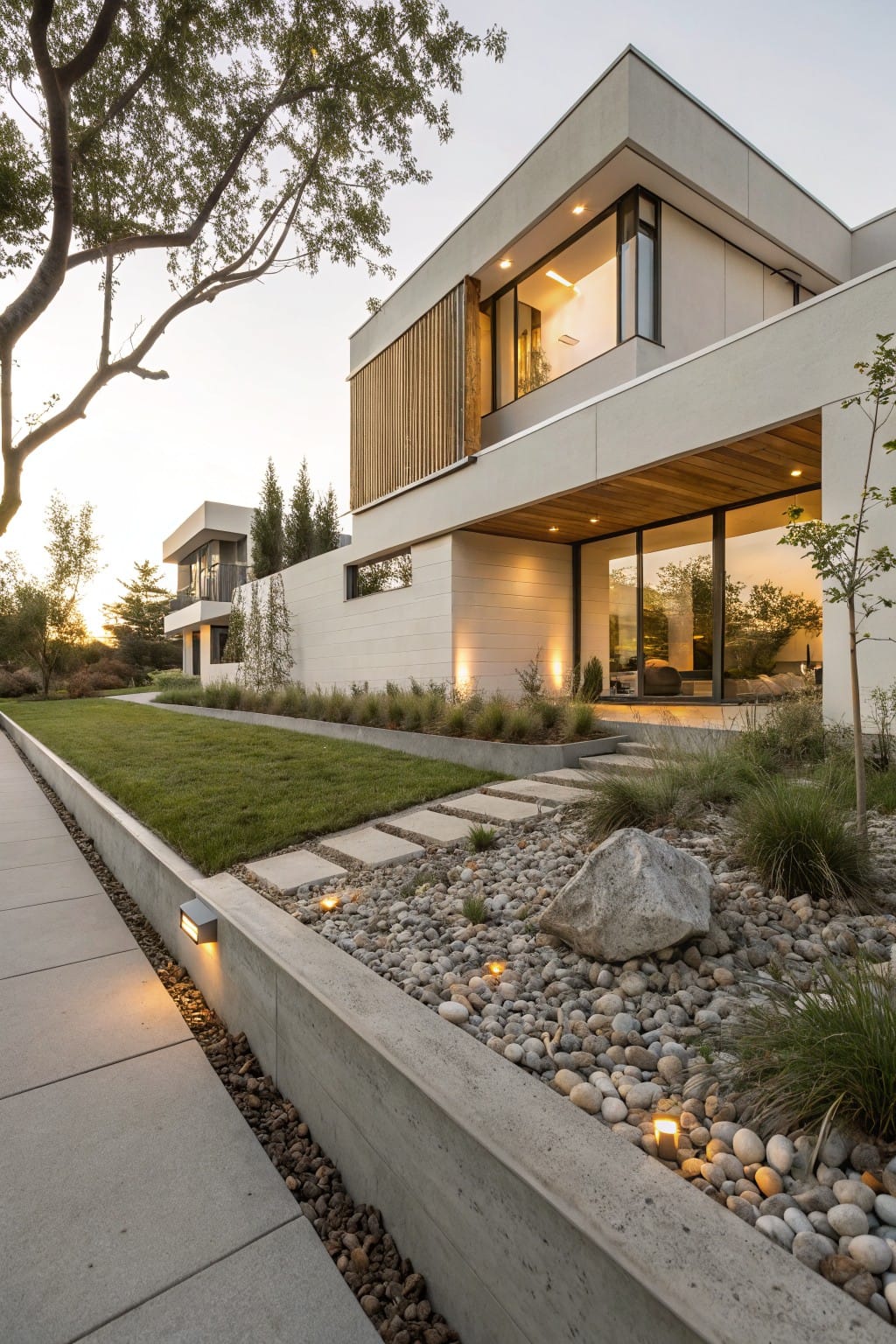 Modern house exterior with raised concrete garden edging filled with gravel, pebbles, grasses, and rocks bordering a lawn and concrete sidewalk at dusk.