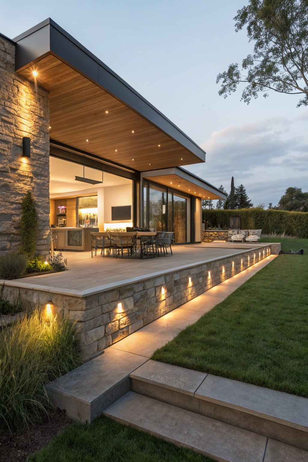 Elevated patio deck of a modern stone and wood house bordered by a raised stone wall with recessed lights along the edge, steps leading down to a grassy lawn, ornamental grasses nearby at twilight.
