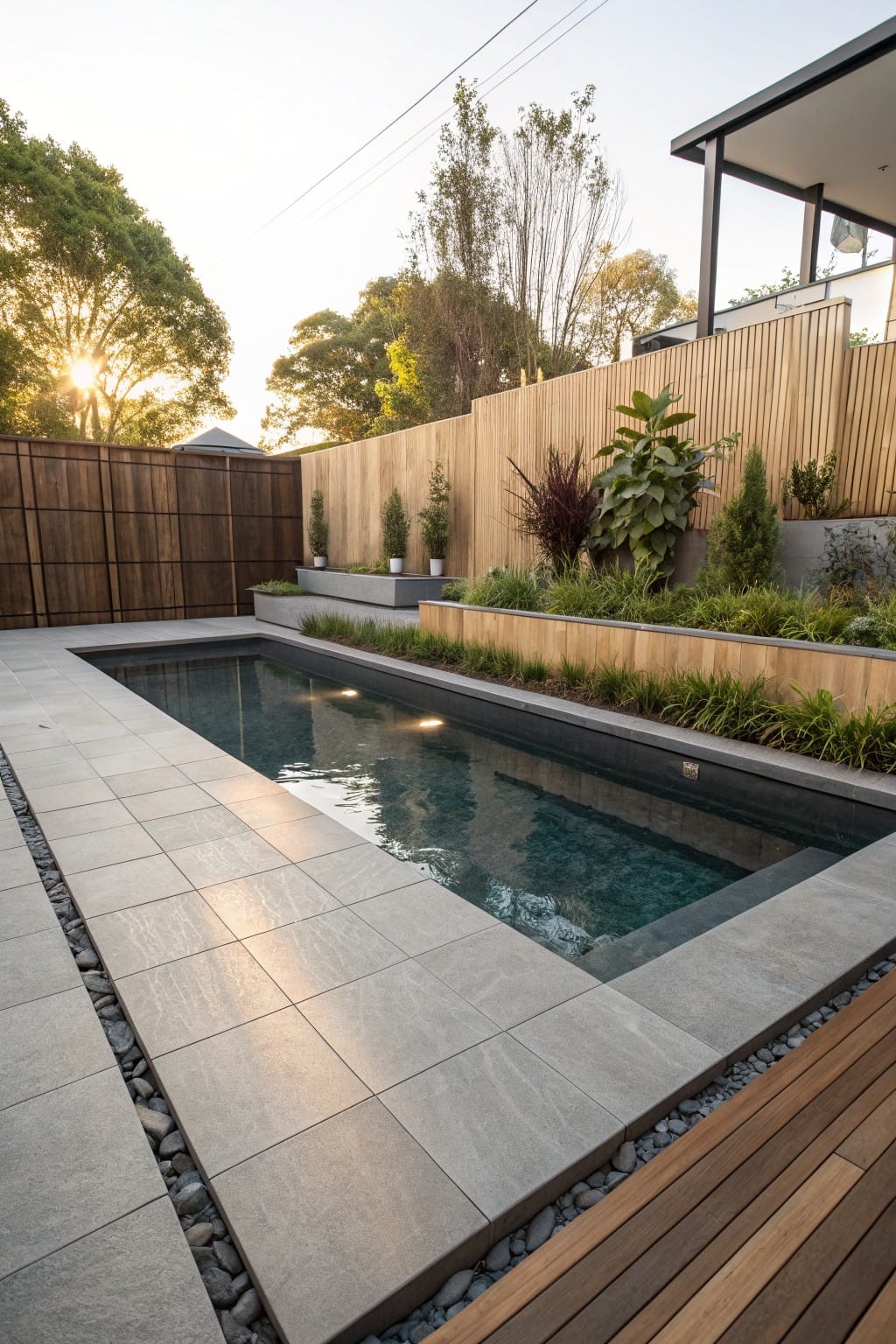 Narrow modern pool with dark edging and underwater lights in a backyard surrounded by gray tiles, pebble borders, raised wooden planters with grasses, timber fences, and trees at sunset.