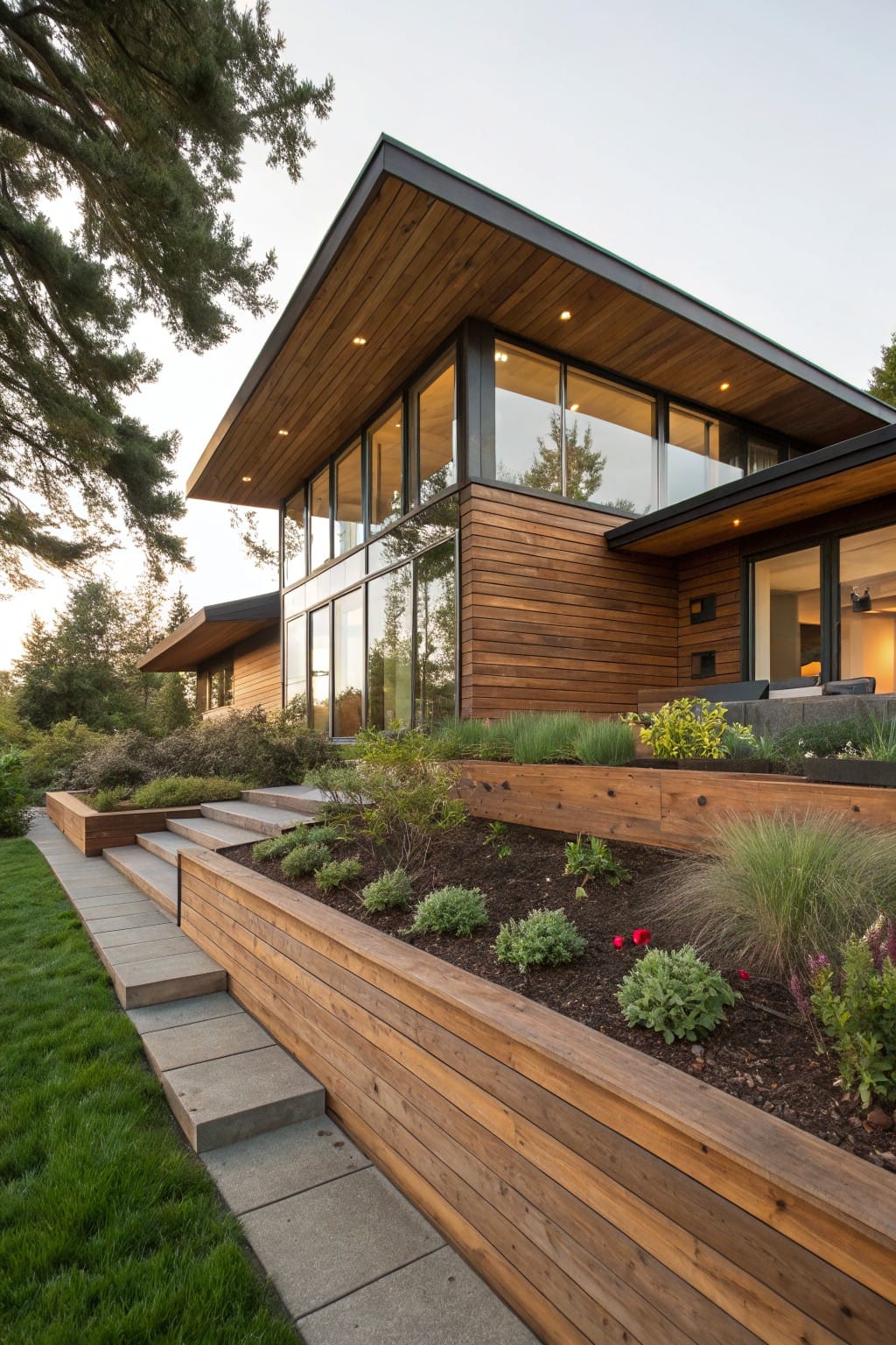 Side view of modern house with cedar wood siding and large glass walls on a wooded slope, featuring wooden raised retaining walls planted with grasses and shrubs beside concrete steps and a grassy path.