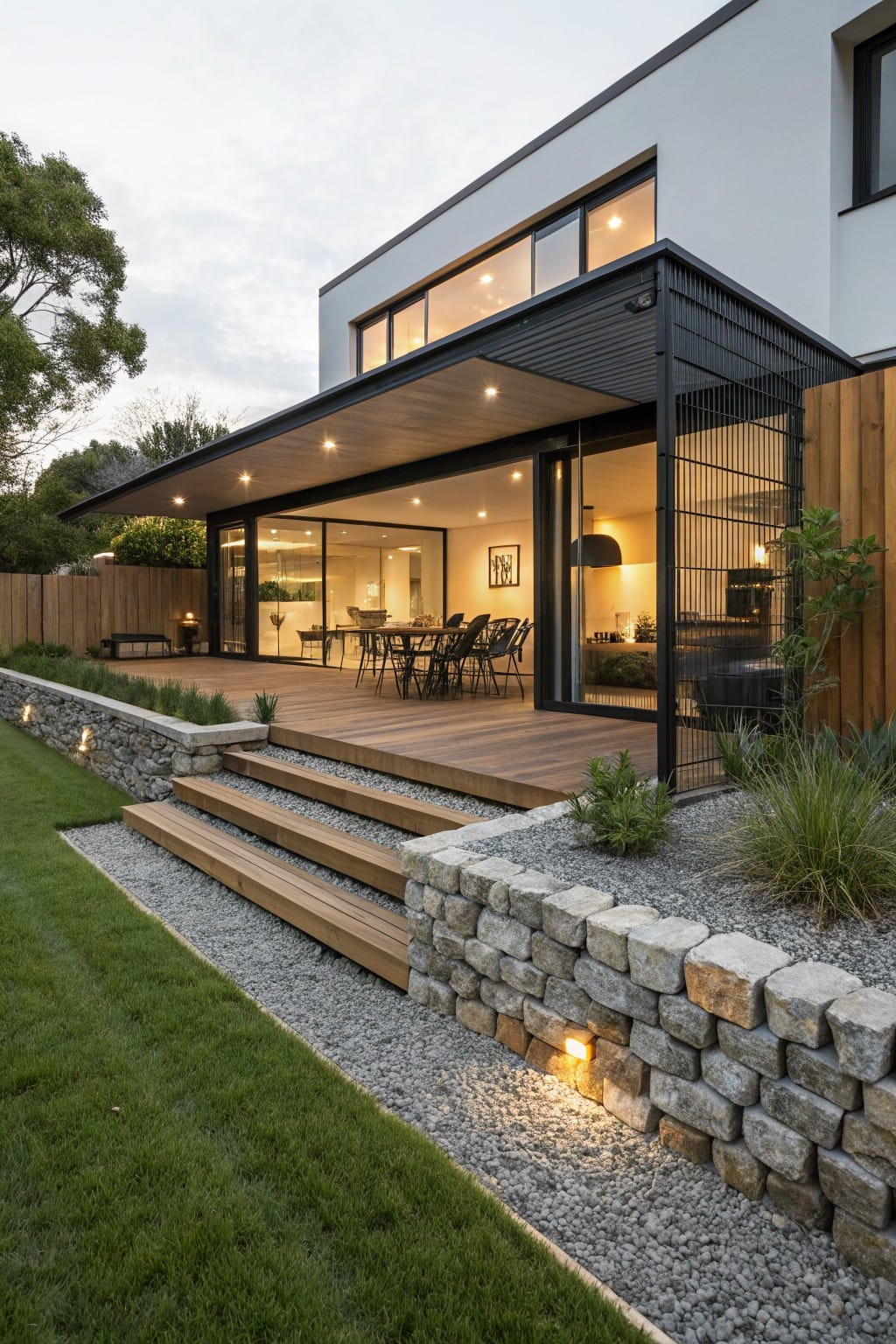 White modern house with elevated wooden deck accessed by steps beside a low stone retaining wall edged with gravel, plants, and lawn.