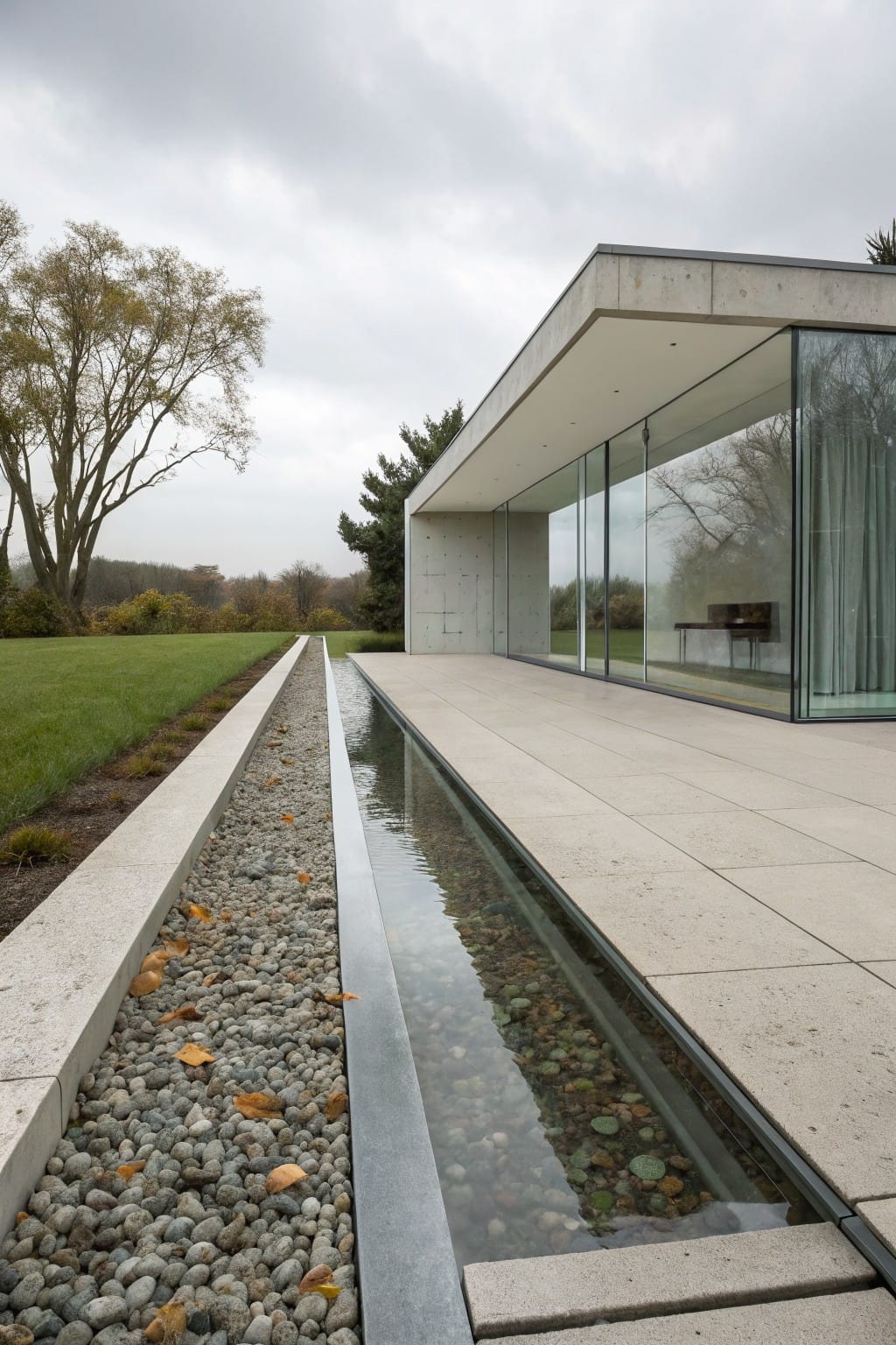 Modern concrete house with glass walls and beige stone terrace next to a lawn, bordered by a narrow water channel with pebbles and gravel strip.