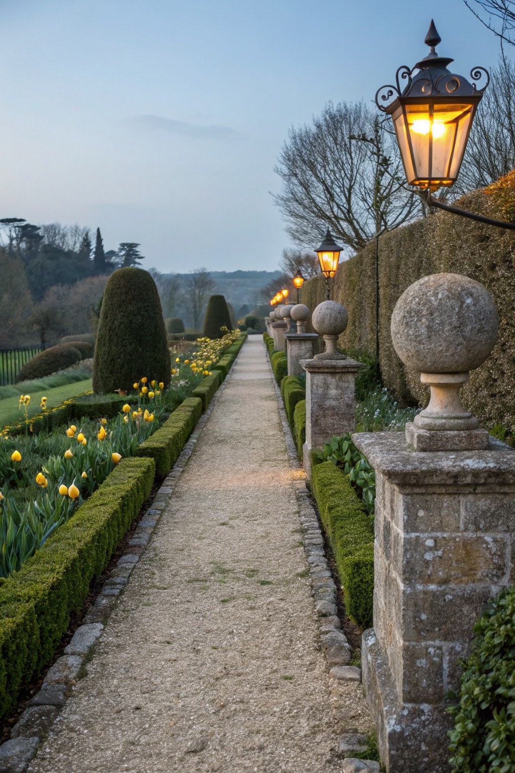 Straight gravel garden path bordered by low clipped boxwood hedges and clusters of yellow daffodils, flanked by stone pillars topped with spheres and lit by vintage lanterns at dusk.