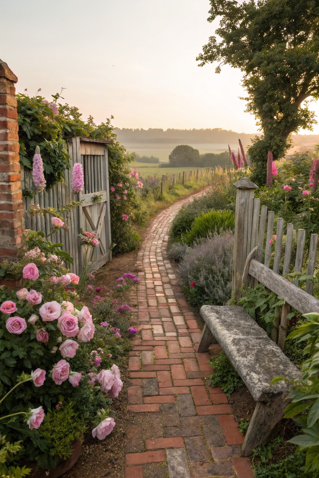 Brick Path Lined with Pink Flowers