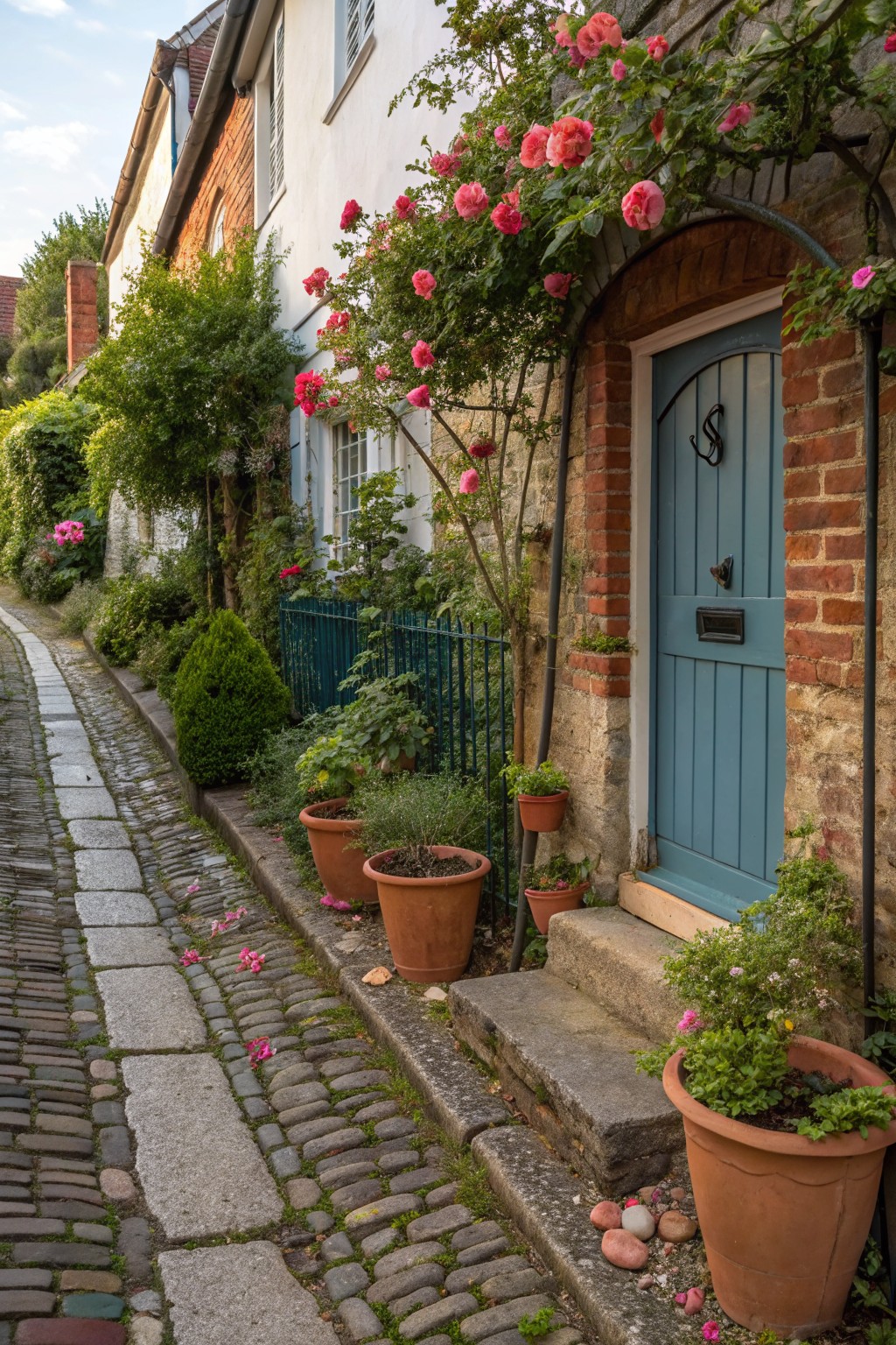 Narrow cobblestone path bordered by terracotta pots with flowers and shrubs, leading to a blue arched door framed by pink climbing roses on a brick wall, with greenery and houses along the street.