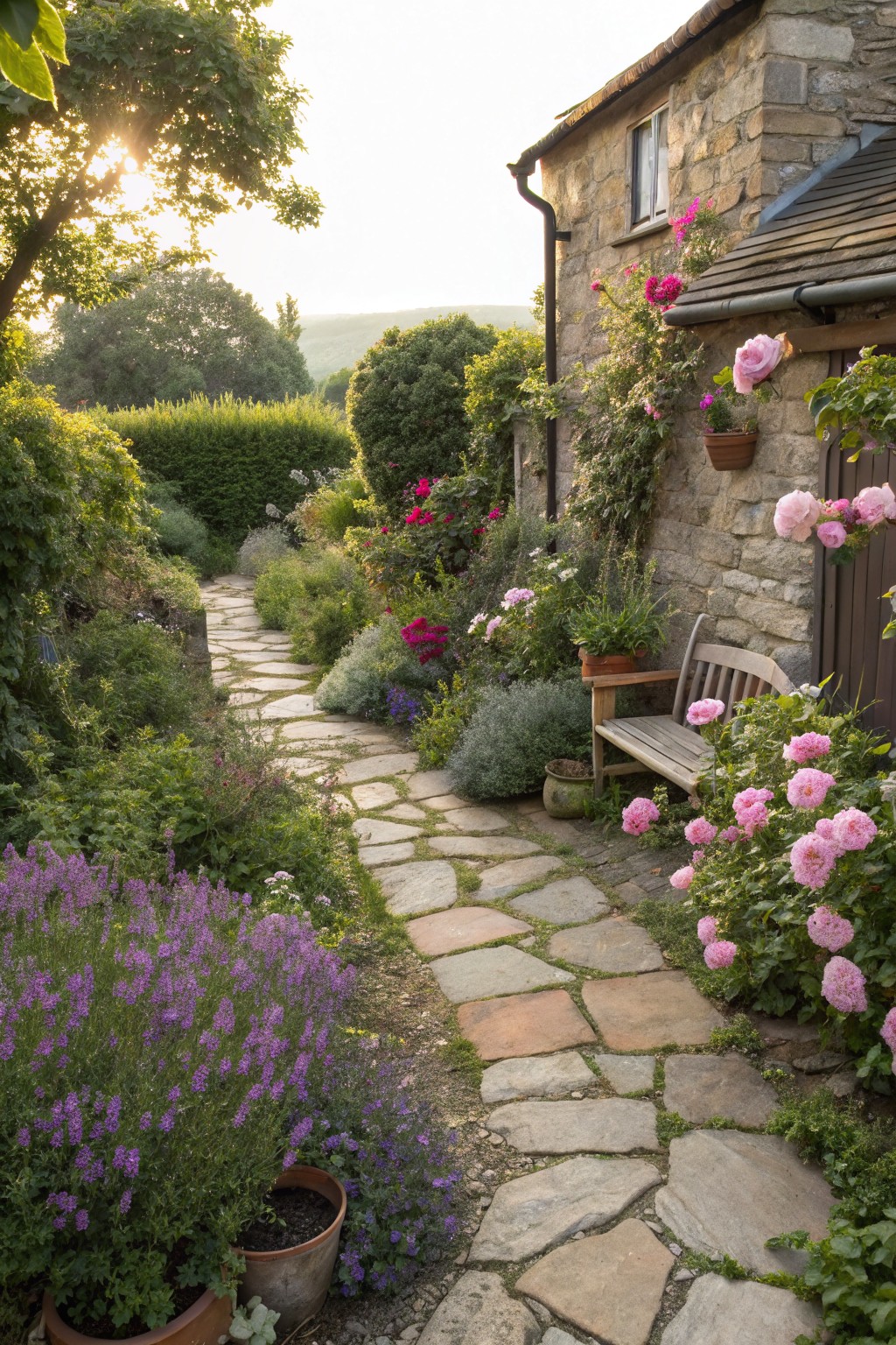 Winding flagstone path through lush garden borders of pink roses, lavender, and other flowers, next to a stone house wall with a wooden bench and potted plants.