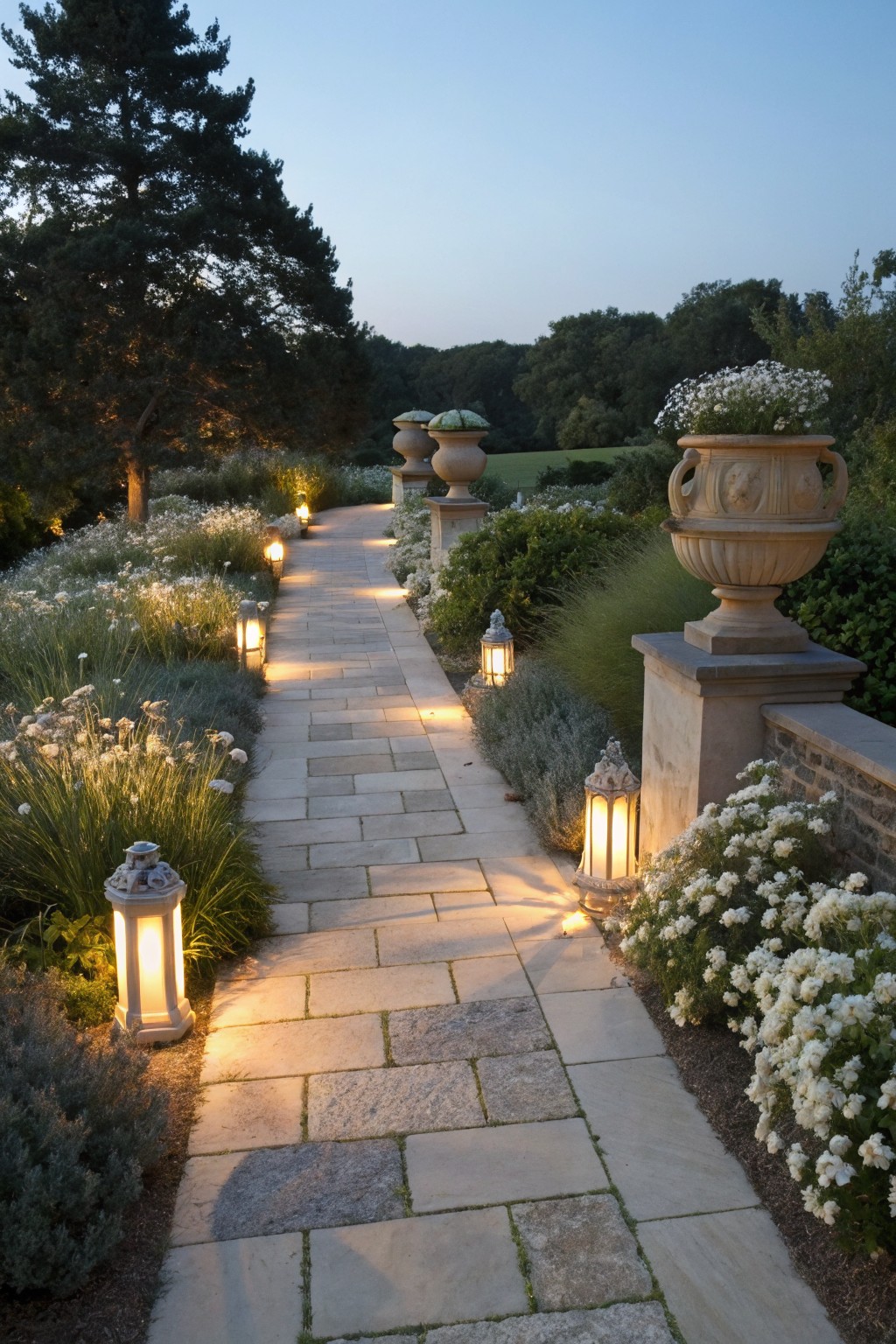 Stone pathway through a garden bordered by white flowers, ornamental grasses, stone urns, and lanterns glowing at dusk.