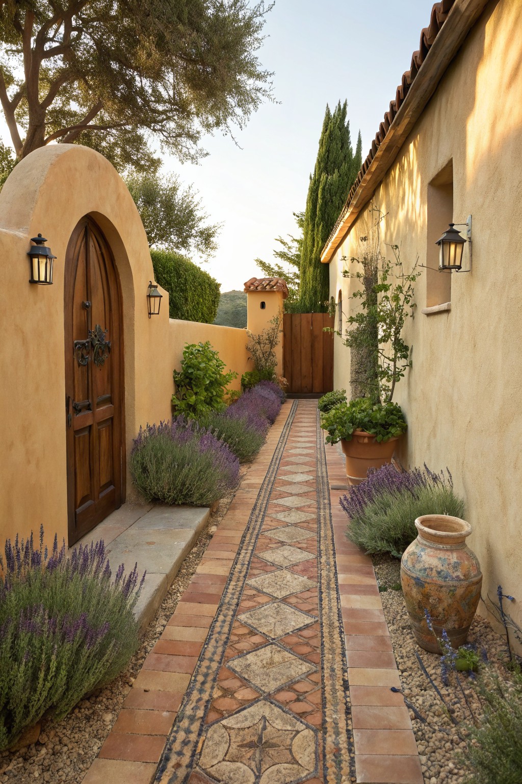 Narrow garden path with diamond-patterned mosaic tiles edged by lavender plants, terracotta pots, and gravel, between beige stucco walls leading to an arched wooden door.