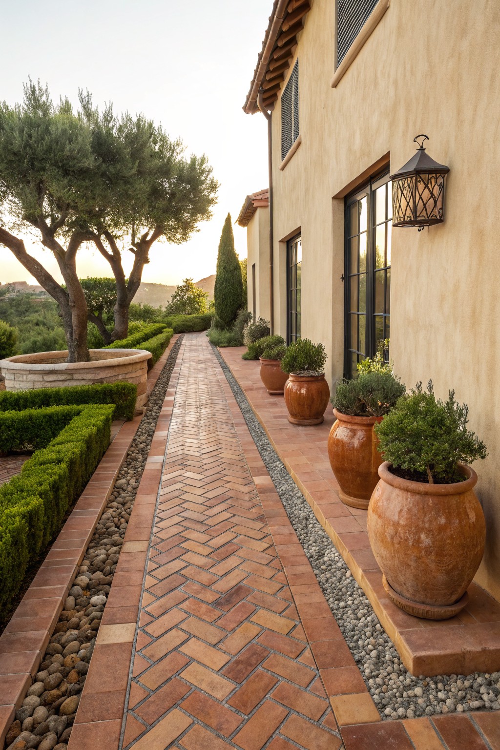 Brick herringbone pathway edged with gravel and low boxwood hedges alongside a beige stucco house wall, lined with large terracotta pots containing green shrubs and small trees in the background.
