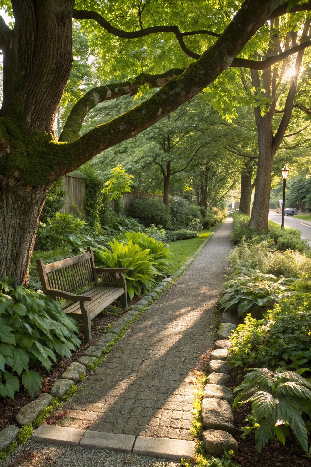 A wooden bench sits next to a brick pathway edged with hosta and fern plants under overhanging mossy tree branches in a garden.