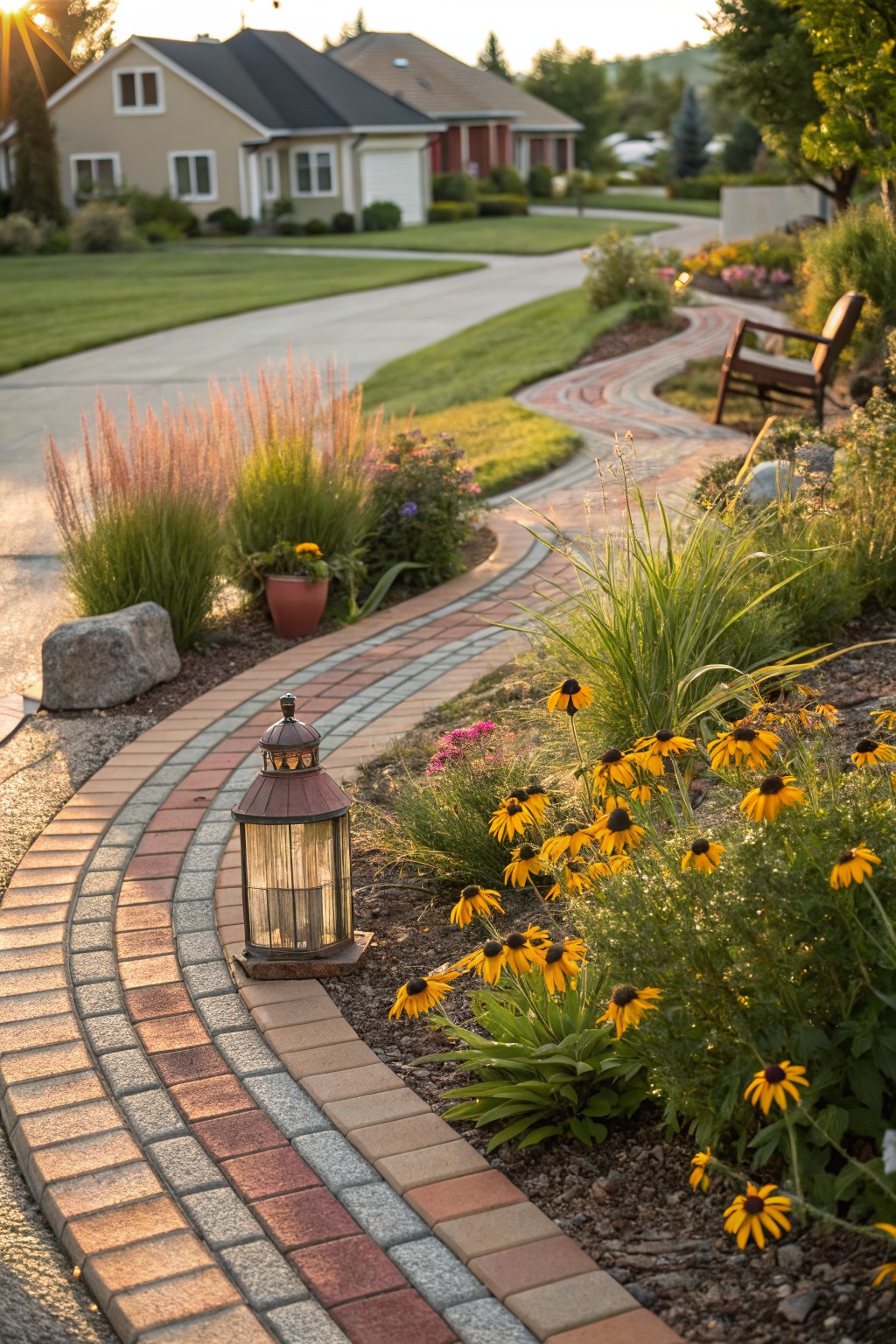 Curved garden pathway of red, tan, and gray bricks lined with yellow black-eyed Susan flowers, ornamental grasses, rocks, a copper lantern, and potted plants, beside a driveway with houses and trees in the background at sunset.