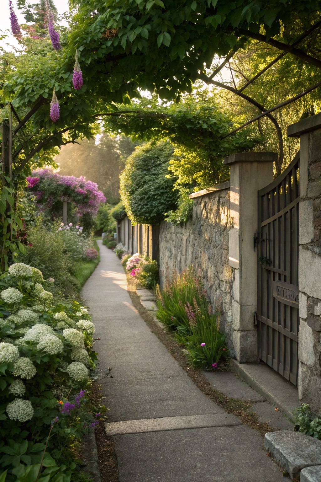Narrow stone pathway lined with white hydrangea bushes, purple foxglove clusters, and assorted green foliage leads through a garden to a black iron gate set in a textured stone wall, with purple flowering vines draping an arched trellis overhead.
