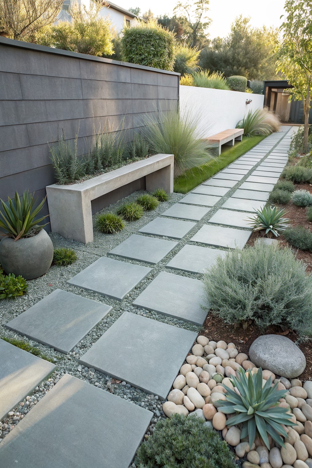 A garden pathway of large rectangular gray concrete pavers spaced irregularly in white gravel mulch, edged by grasses, agaves, succulents, and pebble areas, with a concrete bench along one side.