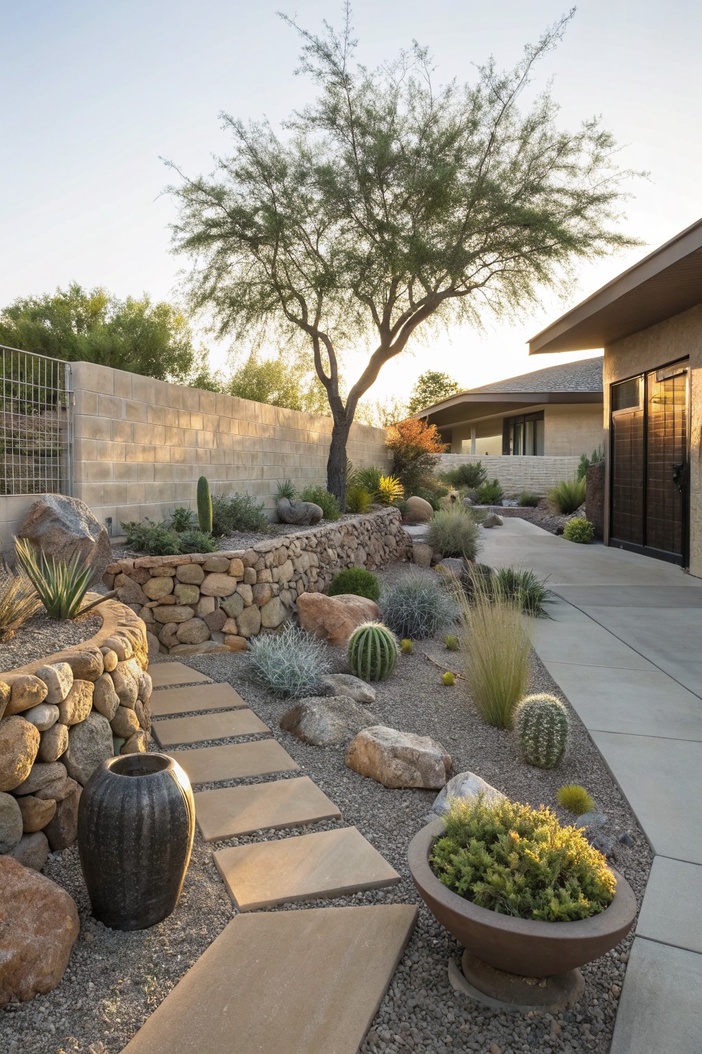 Winding path of large rectangular concrete stepping stones set in gravel through a xeriscape garden featuring succulents, cacti, agave, boulders, and stone retaining walls beside a modern house with garage doors.
