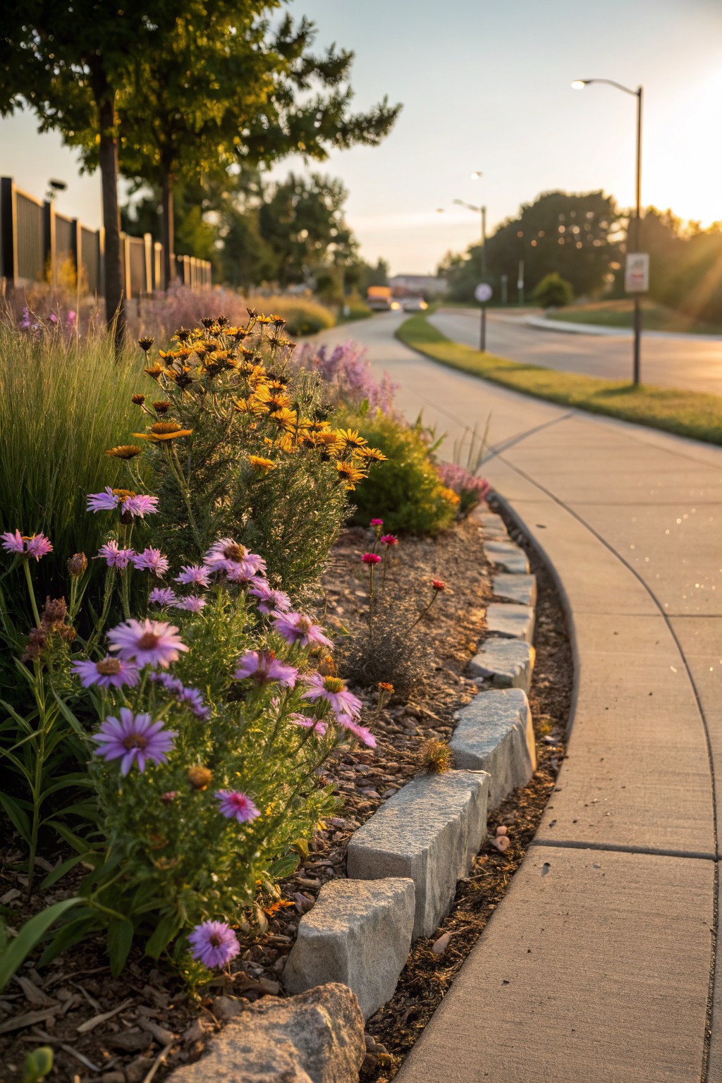 Stone-Edged Perennial Beds Along Walkways