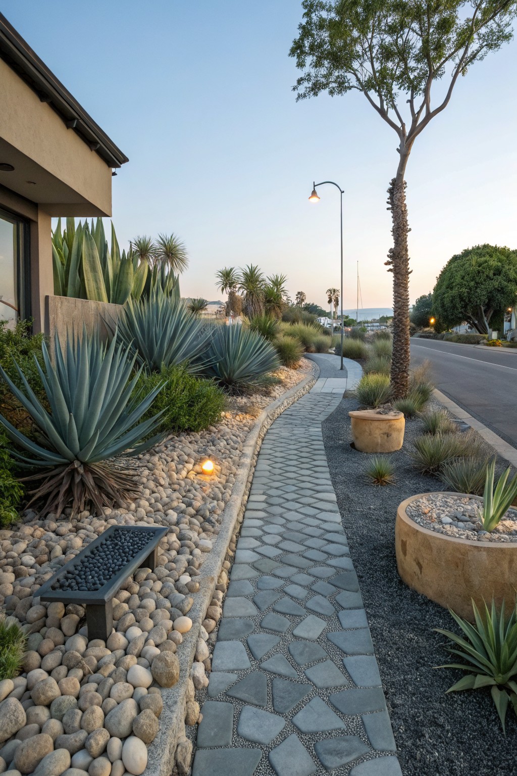 Curved stone pathway edged with blue agave succulents, gravel mulch, river rocks, and low shrubs next to a beige modern house and street at dusk.