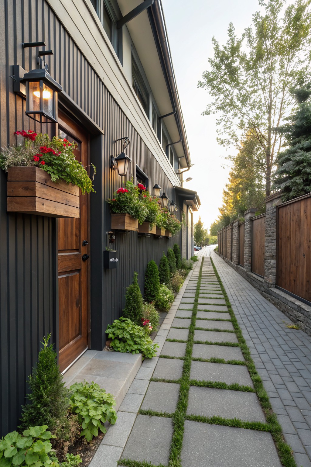 Side exterior of a house with dark vertical siding, wooden entry door, multiple wooden flower boxes mounted on the wall overflowing with red geraniums, wall lanterns, low shrubs and plants along a gray paver pathway with grass strips, bordered by a wooden fence.