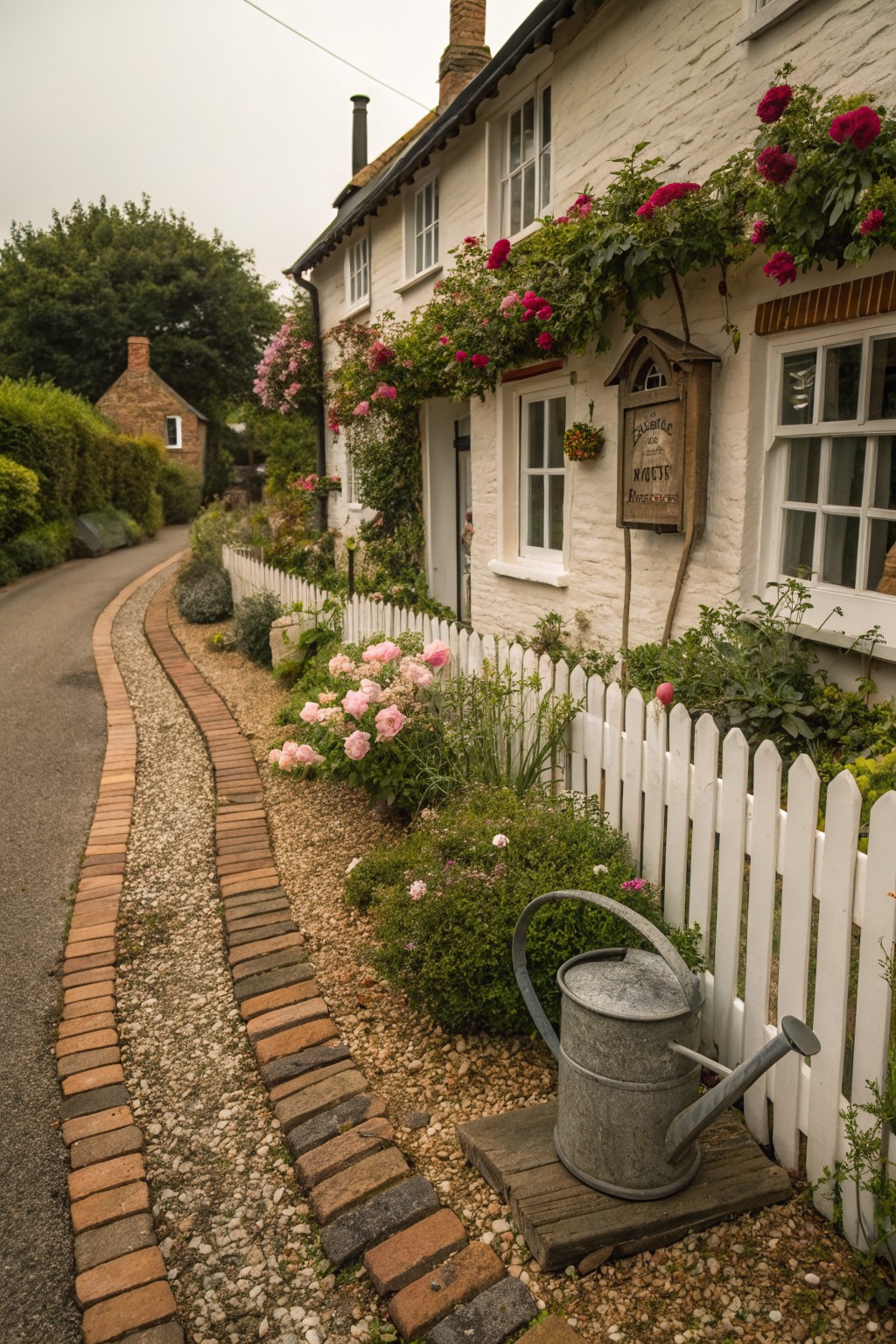 White cottage with red climbing roses on the facade and white picket fence along a curved brick-bordered gravel path edged by pink flowers, shrubs, and a metal watering can on a wooden base.