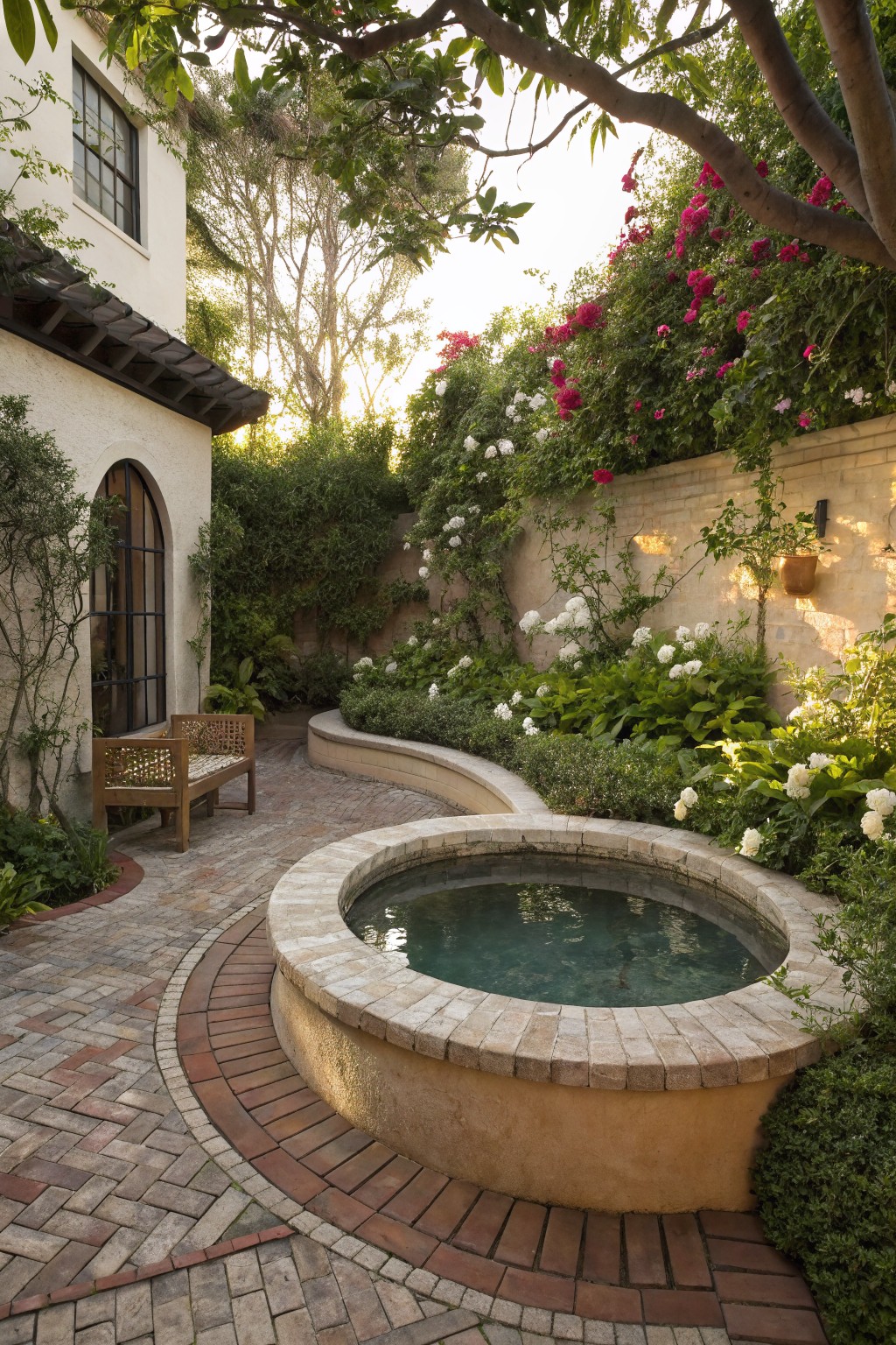 A circular stone-rimmed pool with turquoise water in a stucco courtyard, surrounded by curved brick paver paths, massed white hydrangeas in beds, pink climbing roses on walls, a wooden bench, and green foliage.