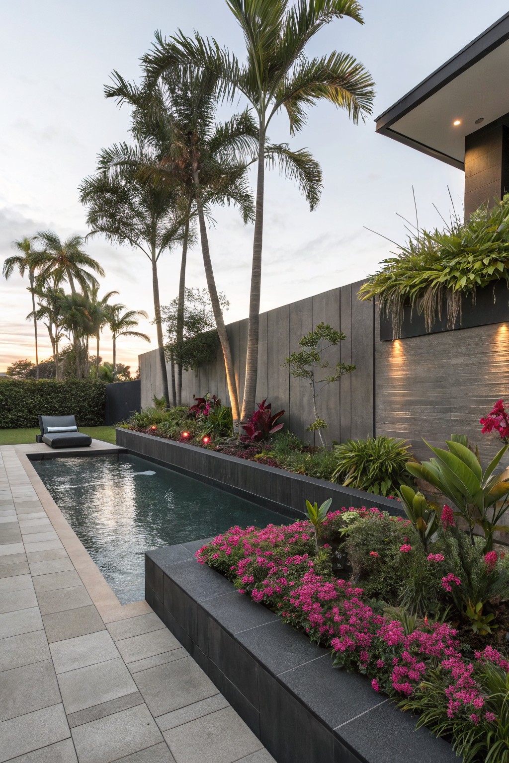Long narrow pool edged by black raised planters filled with pink flowers, green foliage, and tropical plants, with palm trees, a concrete wall, and lounge chair nearby.
