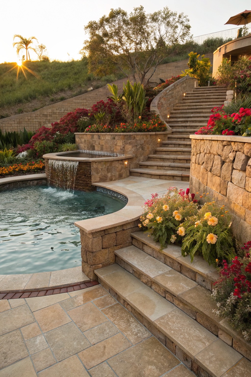 Turquoise pool with stone waterfall on a hillside, surrounded by beige stone steps and curved retaining walls planted with red bougainvillea, yellow coreopsis, orange calendula, and green palms at sunset.
