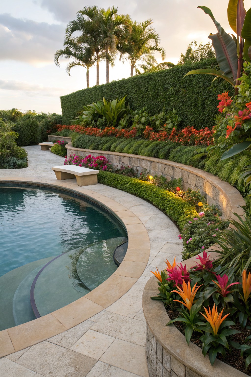 Curved swimming pool with beige stone retaining walls planted with red salvia flowers, pink blooms, orange bird-of-paradise, and green shrubs, bordered by tropical plants, palms, and a hedge under a cloudy sky.