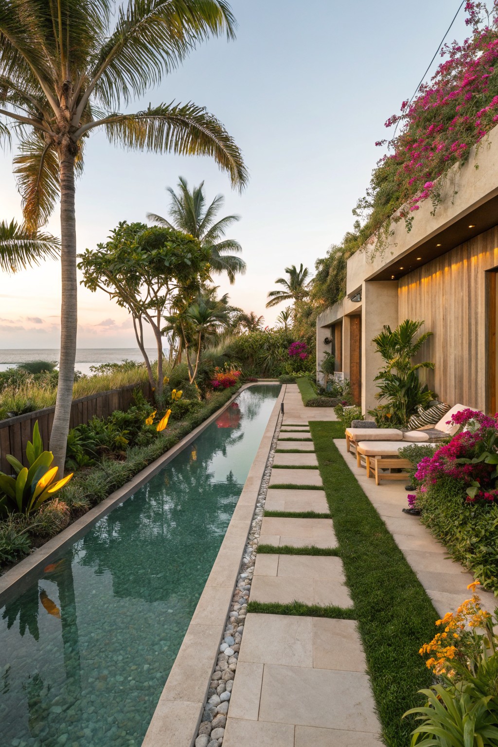 Narrow turquoise lap pool edged with pebbles and plants runs parallel to a stone-stepped grass path with teak loungers, flanked by tropical greenery, pink bougainvillea on a wooden house wall, palm trees, and ocean horizon at dusk.