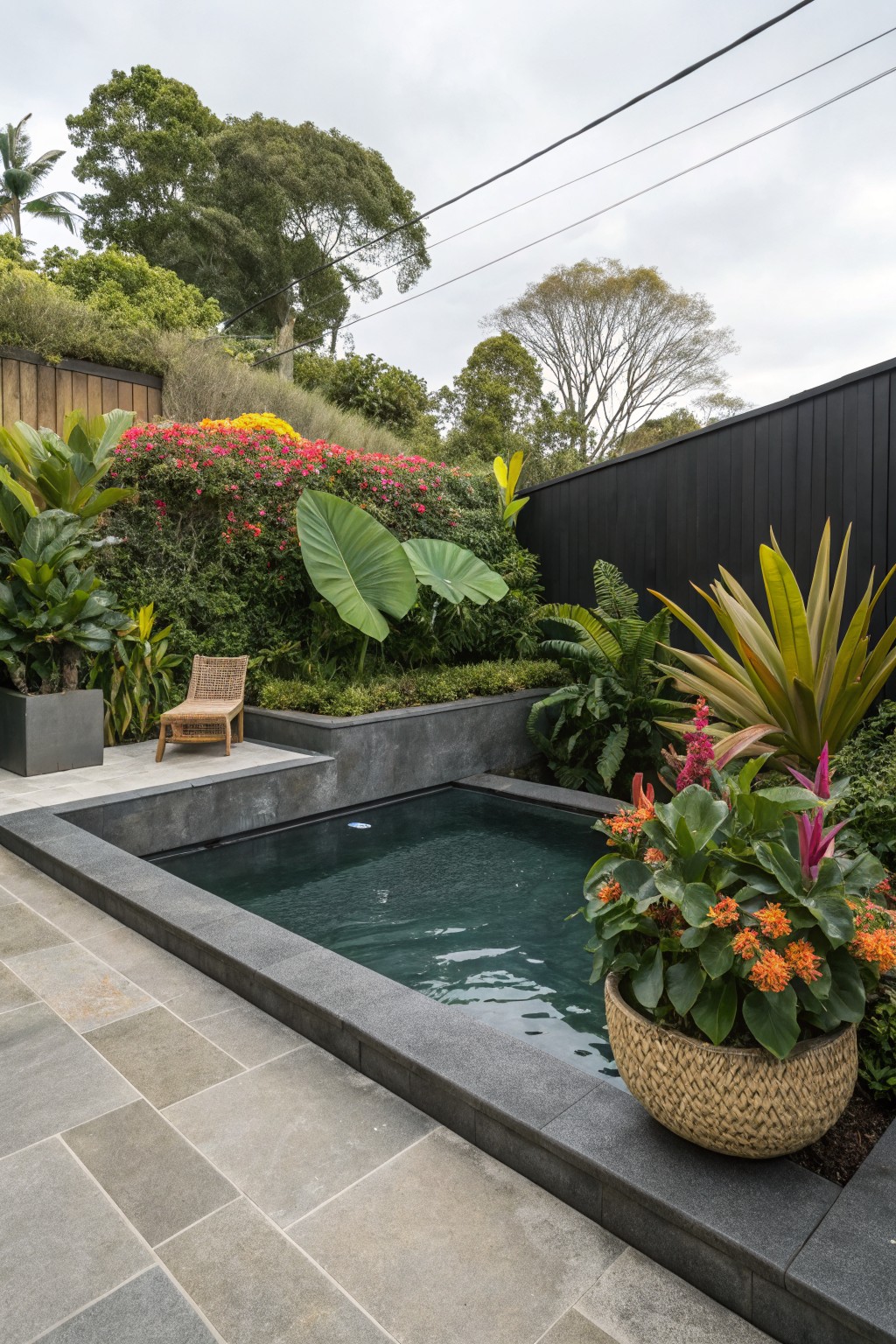 Small rectangular pool with dark stone edges and green water, surrounded by dense tropical plants like bougainvillea, elephant ears, ferns, and heliconias, next to a rattan chair on stone paving with a black fence in the background.