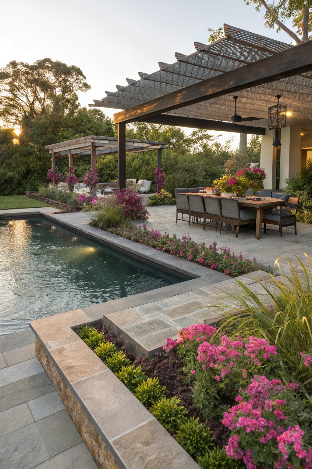 Stone pool edge with embedded lighting surrounded by low beds of pink flowers, yellow-green shrubs, and tall ornamental grasses, adjacent to a wooden dining table under a slatted pergola and another structure with hanging plants.