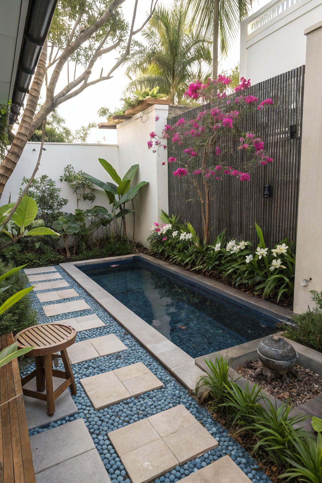 Narrow rectangular pool in a tropical courtyard surrounded by pink bougainvillea on a slatted fence, white flowering plants along the edges, lush green foliage, and a stepping stone path with blue pebble ground cover leading to the pool.