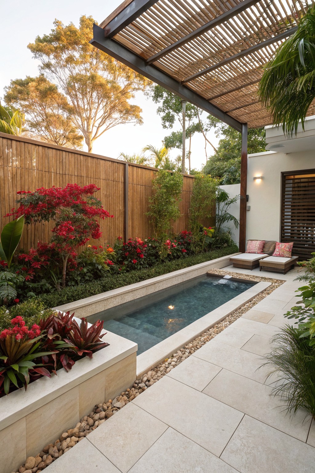 Narrow rectangular plunge pool with turquoise water and underwater light, bordered by white stone edging, pebbles, red flowering shrubs, tropical plants, lounge chairs on tiled patio, bamboo fence, and slatted pergola cover in a garden courtyard.