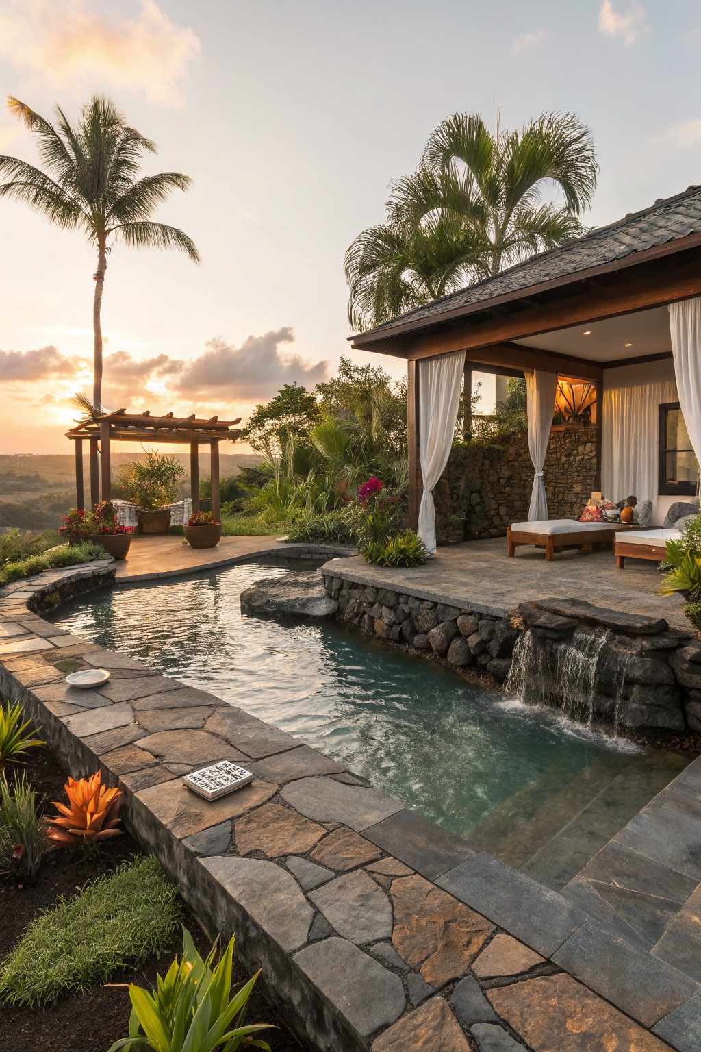 Curved turquoise pool with stone edging and waterfall, lined by orange bromeliads and tropical plants, next to a covered outdoor lounge area on a stone terrace surrounded by palms and greenery at sunset.