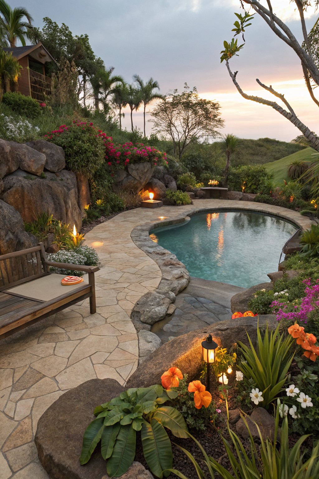 Curved turquoise pool on a hillside surrounded by large boulders, tropical plants with orange and pink flowers, a winding stone path, wooden bench, lanterns, flame torches, and lush greenery at dusk.