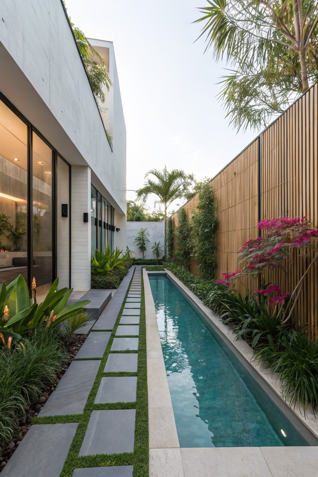 Narrow turquoise lap pool alongside a white modern house wall with large windows, flanked by a dark stone paver path inset with grass strips and lush tropical plants including palms, ferns, grasses, and pink flowering shrubs against a slatted wooden fence.