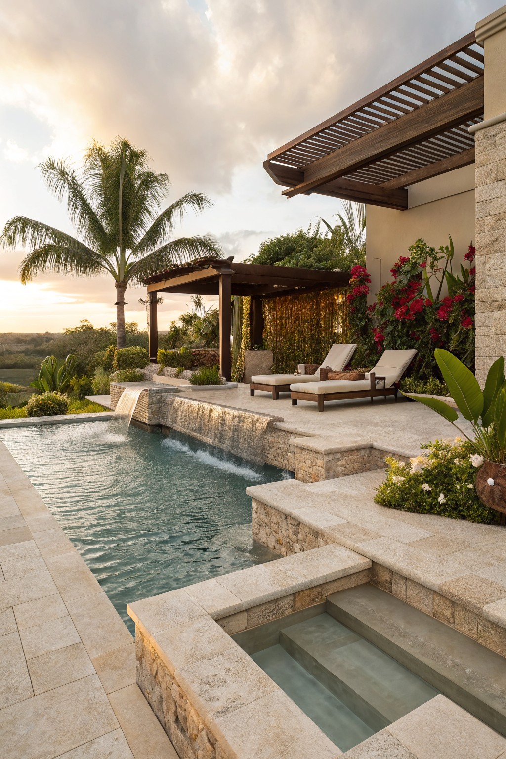 Infinity edge pool with waterfall feature, adjacent hot tub steps, lounge chairs on stone deck under pergola, surrounded by palm trees, red flowering shrubs, and tropical plants against a house exterior at sunset.