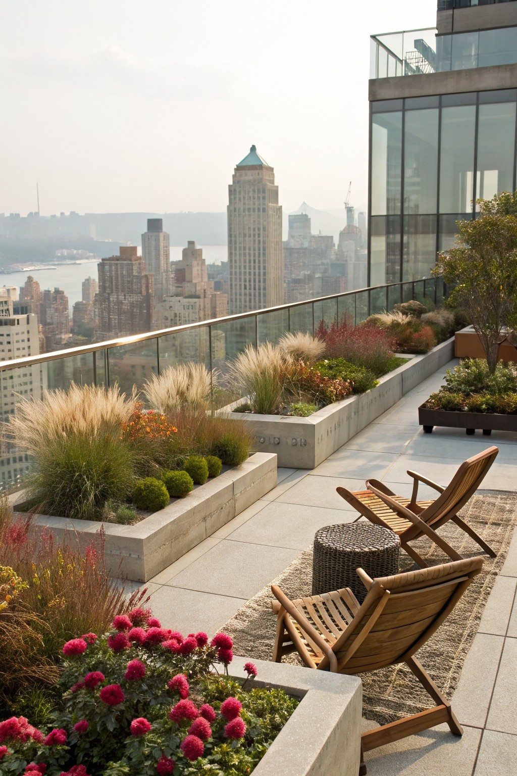 Rooftop terrace featuring white concrete raised planters with ornamental grasses, shrubs, green plants, and clusters of red flowers along the edge, wooden lounge chairs, a woven stool, and a rug on the concrete floor, with a glass railing and city skyline view.