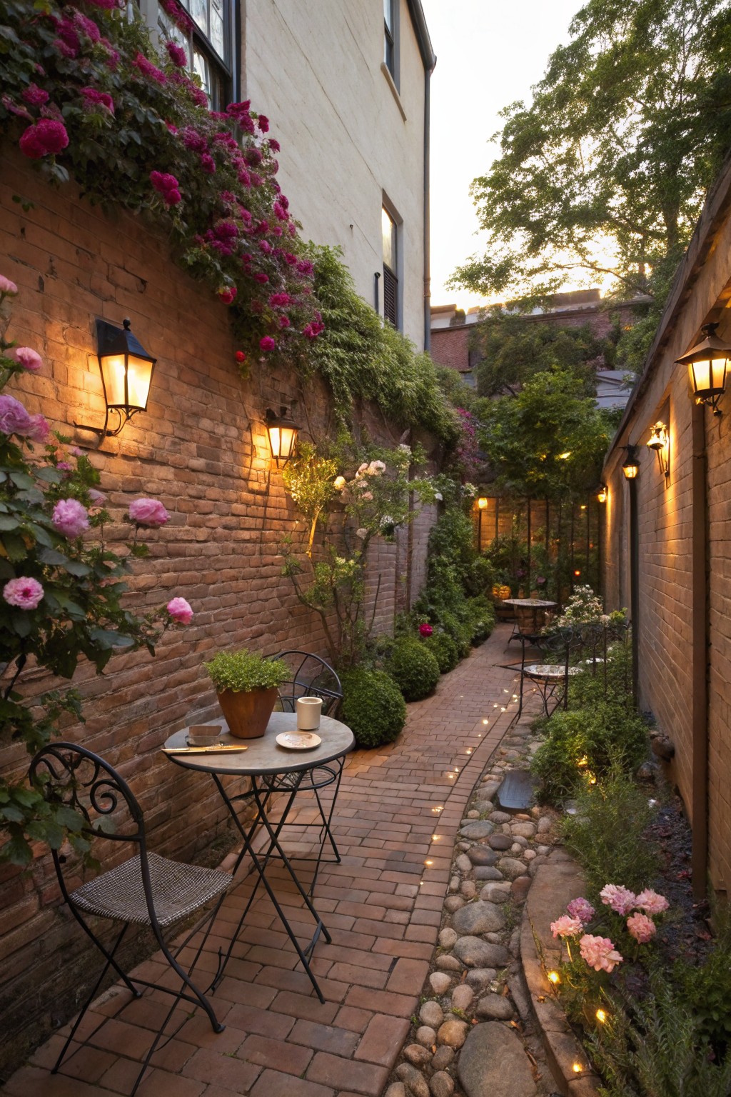 Narrow brick pathway in a walled courtyard lined with pink climbing roses on both brick walls, lit by multiple wall lanterns, with small bistro tables and wicker chairs along the path and potted plants nearby.