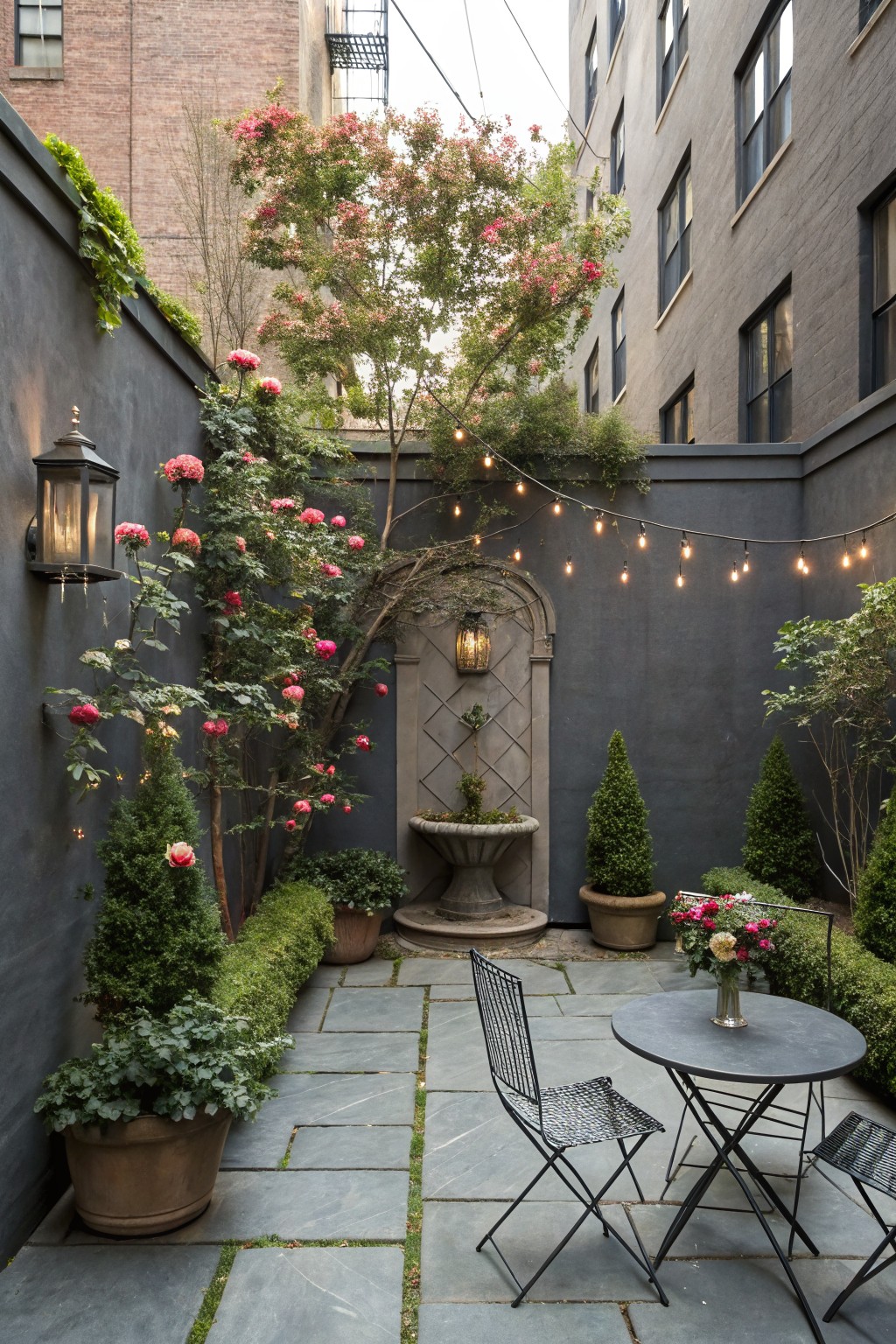 Small urban courtyard enclosed by dark brick walls covered in pink climbing roses, with a stone fountain, potted topiaries, string lights overhead, and a black metal bistro table and chairs on gray slate pavers.