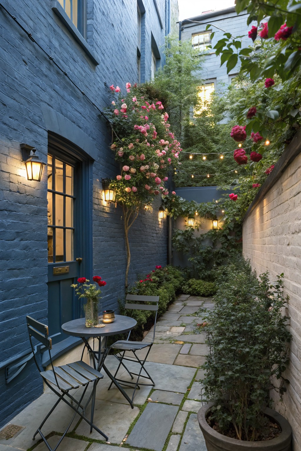Narrow stone-paved path in a courtyard between blue and white brick walls covered in pink climbing roses, with a small round metal table, two folding chairs, lanterns, and potted plants.
