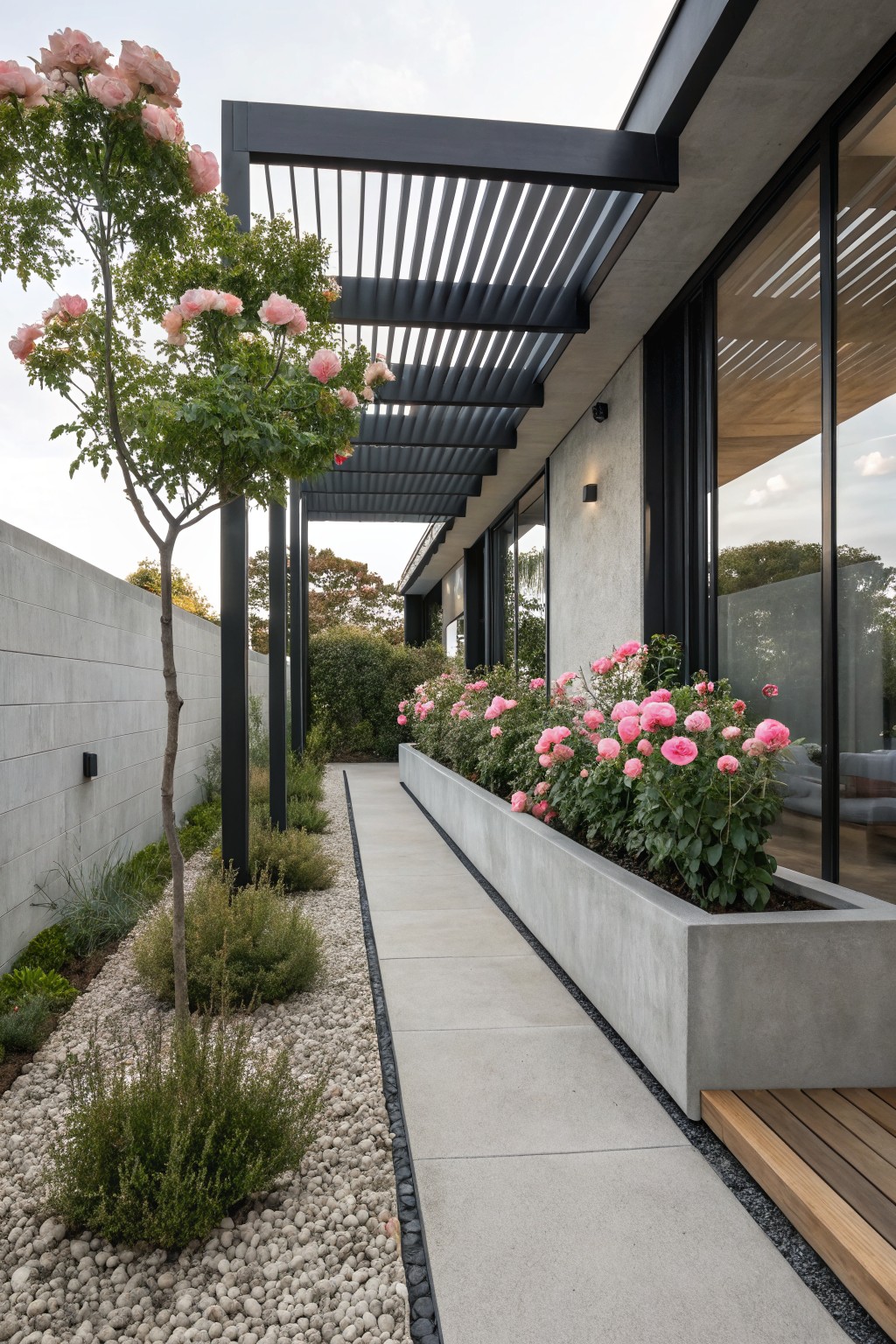 Narrow concrete pathway next to a modern concrete house wall with large glass windows, featuring a long raised concrete planter filled with pink roses, small trees, shrubs, and white pebble ground cover under a black metal pergola structure.
