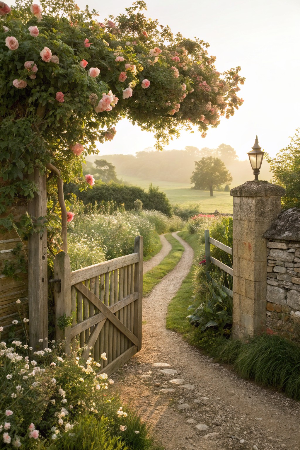 Rustic wooden gate arched with pink climbing roses and surrounded by wildflowers, opening to a winding gravel path through green fields at sunset.
