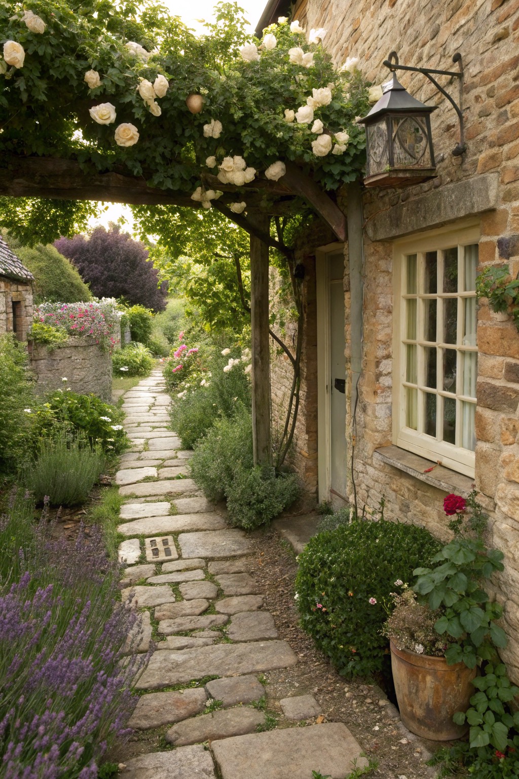 Stone pathway lined with lavender, shrubs, and flower beds leads under a wooden archway covered in white climbing roses to the green door of a stone cottage with a wall lantern and window boxes.