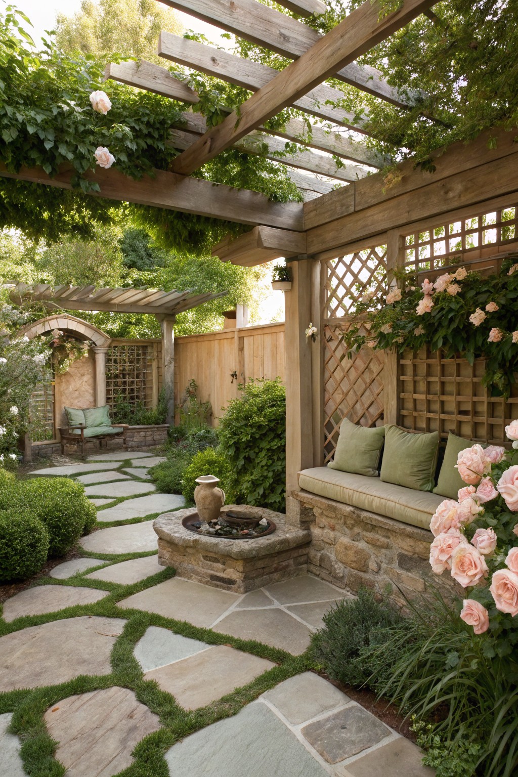 Wooden pergola overhead with green vines and pink roses in a garden courtyard, irregular stone path with grass, stone fire pit, cushioned green bench against lattice fence with climbing roses.