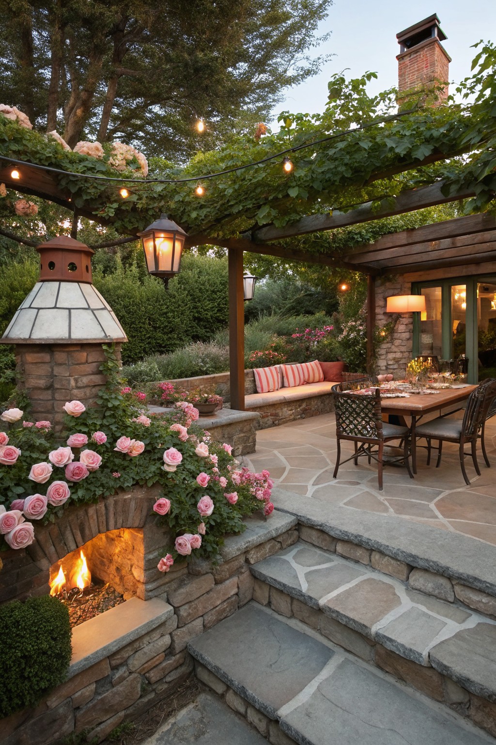 Stone steps with a built-in arched fire pit surrounded by clusters of pink roses, leading up to a patio dining table, cushioned bench, and vine-covered pergola with hanging lanterns at dusk.