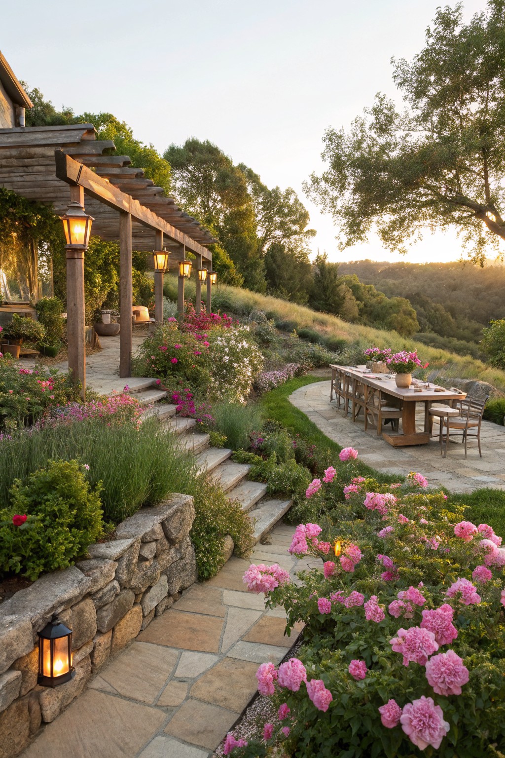 Stone steps bordered by pink rose bushes lead to a wooden pergola-covered patio with a long dining table, surrounded by gardens on a hillside at sunset.
