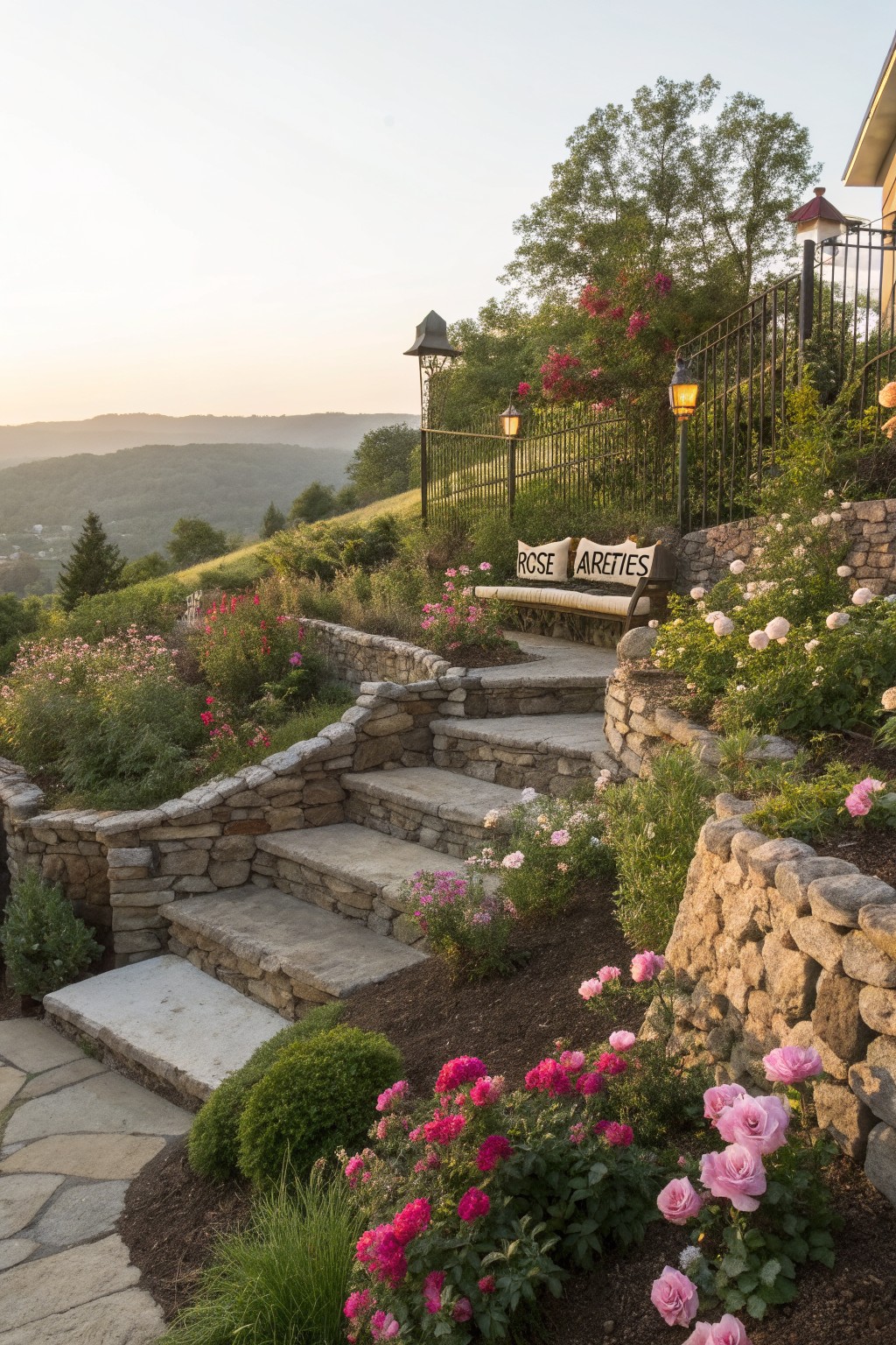 Winding stone steps ascend terraced beds overflowing with pink and white roses on a hillside, with a wooden bench labeled 