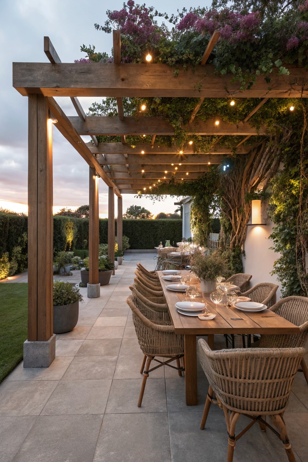 Wooden pergola draped in green vines and purple flowers with string lights overhead, above a long rectangular wooden dining table set with white plates and glasses, surrounded by rattan chairs on a gray stone patio with potted plants, hedges, and lawn at dusk.