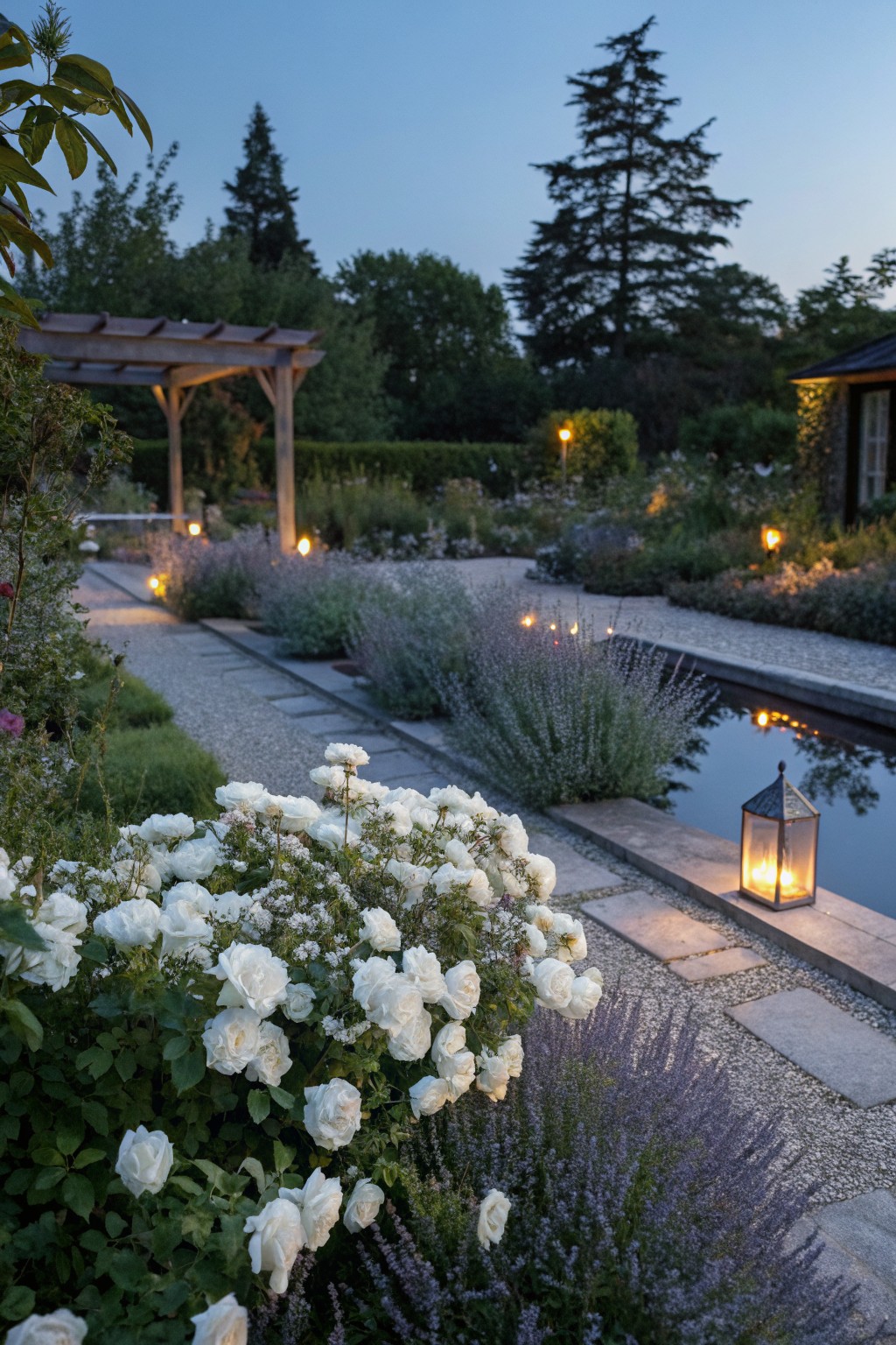 Close-up of blooming white rose bushes and lavender plants along a gravel and stone path beside a narrow reflecting pool, with a lit metal lantern on the pool edge and garden lights in the background at twilight.