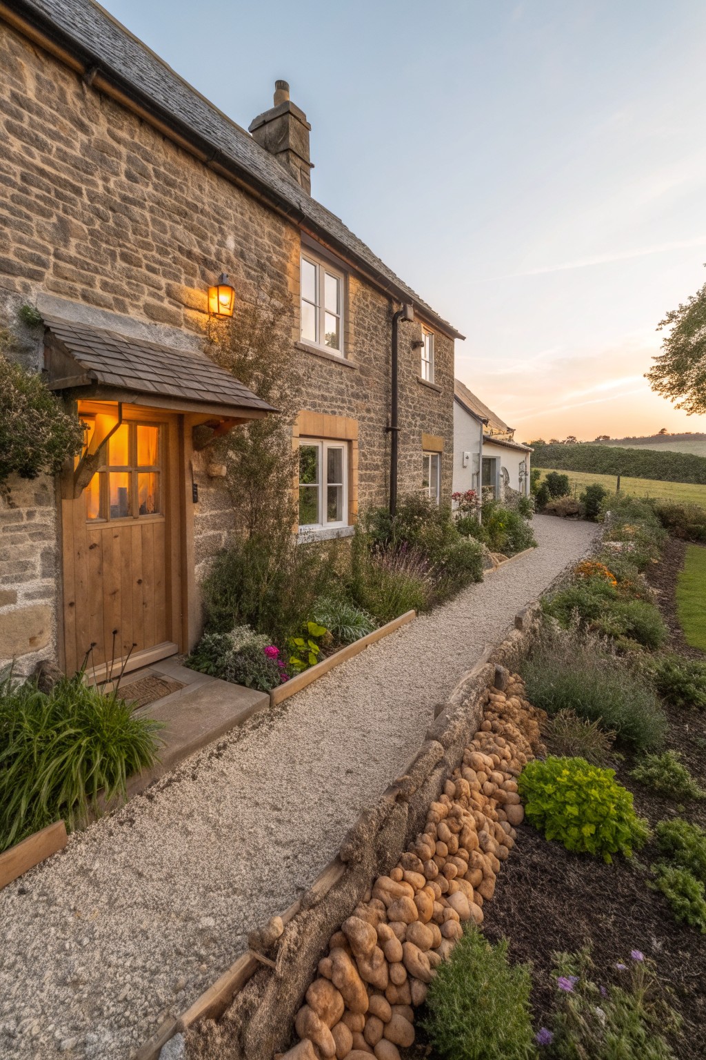 Stone cottage with wooden door and porch light, gravel pathway edged by stacked boulders, plants, and raised beds leading through garden.